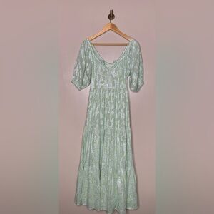 Roller Rabbit Sage Green Metallic Jacquard Midi Dress Puff Sleeve Cottagecore S
